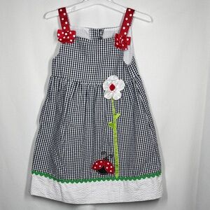 ❤️3/$30 Emily Rose Navy Gingham Seersucker Dress with Ladybug & Daisy Appliqués